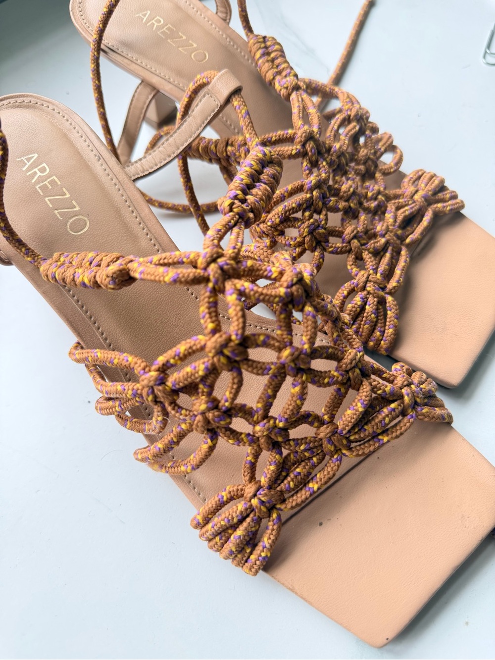 AREZZO Braided Rope Lace-Up Heels in Tan